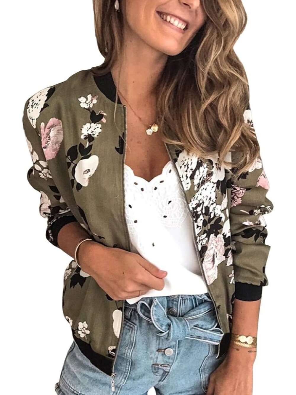 Women's Olive Floral Front Zip Closure Long Sleeve Lining Quilted Bomber Jacket